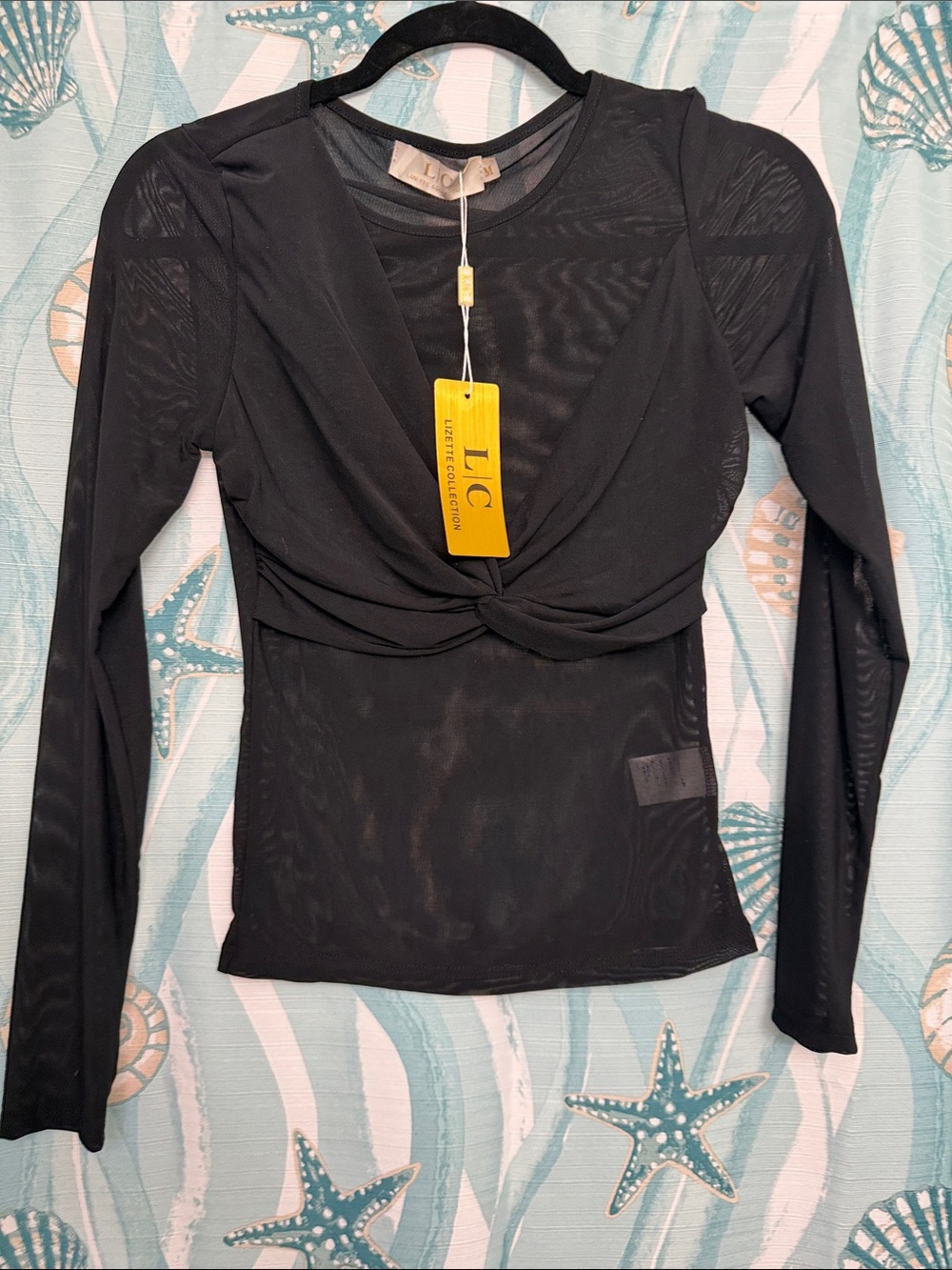 LC Lissette Collection Black Long-Sleeve Twist Front Mesh Tee